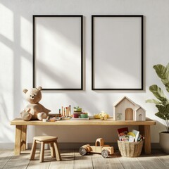 Two blank frames above wooden children's play area.