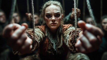 The image captures a striking portrayal of a young woman as a puppet master, her fierce expression highlighting themes of control, struggle, and emotional depth amidst dark surroundings.