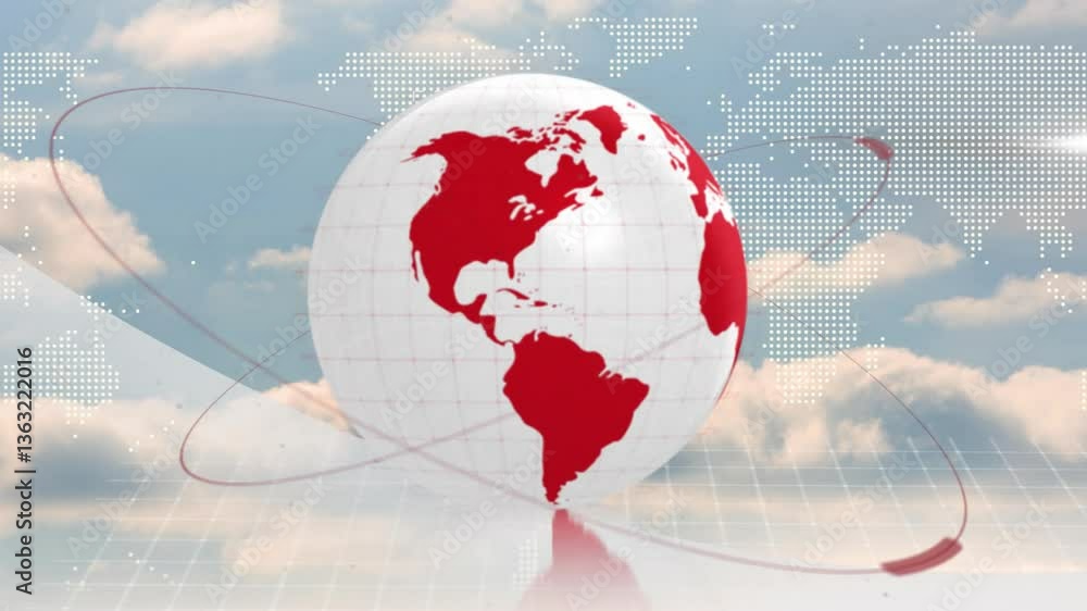 Poster rotating globe with red lines in animation against cloudy sky background