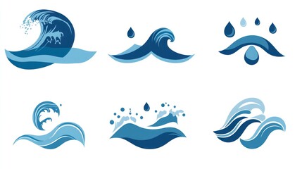 Six ocean wave icons in blue, various shapes, on a white background, ideal for graphic design