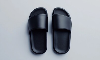 Two black flip flops are shown on a white background