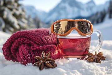 Skiing invitation: A postcard with ski goggles and a cup of mulled wine.

