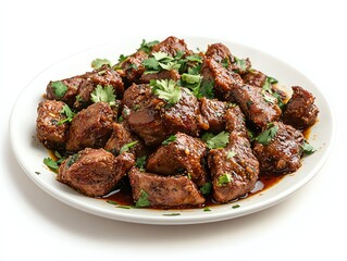 Delicious Braised Beef Cubes with Cilantro on a White Plate