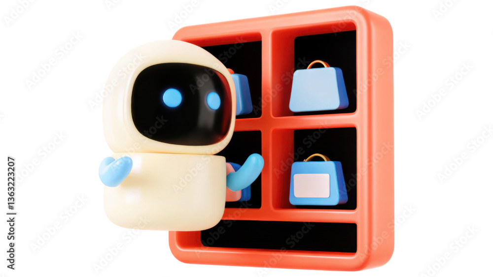 Poster smart robot interacts with ecommerce warehouse display showcasing various products. isolated on transparency background