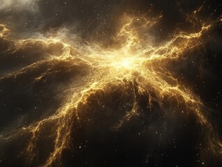 Golden cosmic nebula with radiant energy flowing through dark space a celestial spectacle of light and shadow a captivating stellar formation