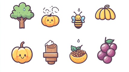 Autumn harvest icons tree, pumpkins, bee, grapes.  Perfect for seasonal designs