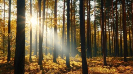 Fototapeta premium Golden Hour Forest Sunbeams Through Autumn Trees