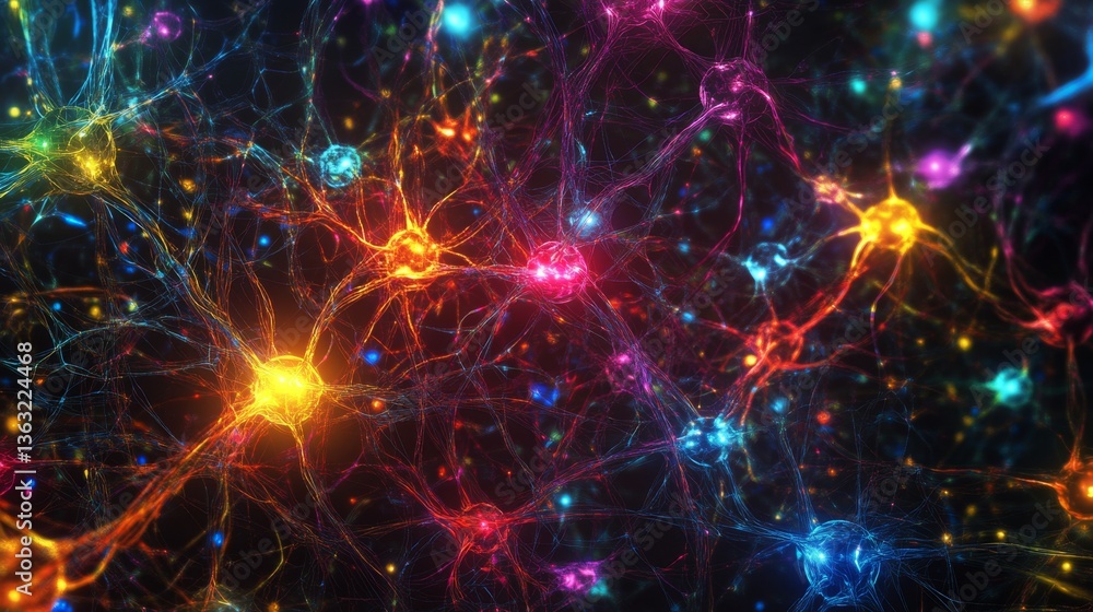 Poster vibrant neuronal activity visualization digital space abstract art colorful environment close-up vie