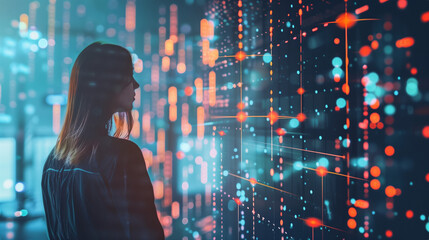 Big data analytics with AI technology. Data analyst analyzing and visualizing complex information network with artificial intelligence. Machine learning algorithm for business analytics and finance