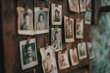 Old family photos hanging on wooden board showing childhood memories
