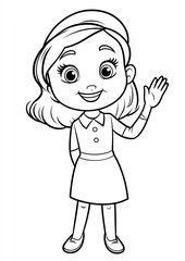 Obraz premium Happy girl waving, school dress, white background, coloring page