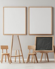 Two blank frames, easel, chalkboard, and two small chairs in a minimalist room.