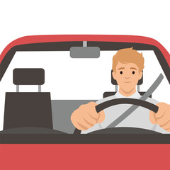 Man wearing a seatbelt and holding the steering wheel with both hands, safe driving habits. Flat vector illustration isolated on white background