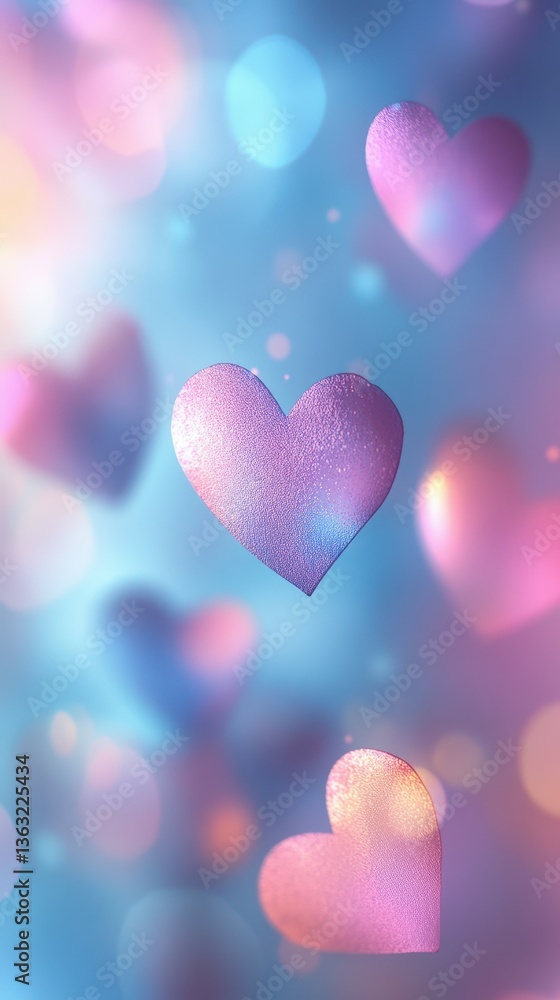 Poster colorful hearts float in a dreamy background, creating a whimsical and enchanting atmosphere