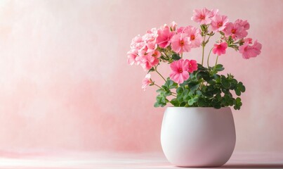 A white vase with pink flowers in it sits on a pink background