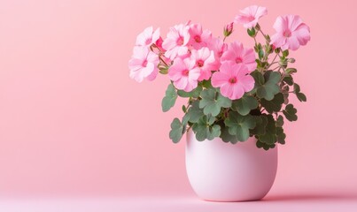 Obraz premium A white vase with pink flowers in it sits on a pink background