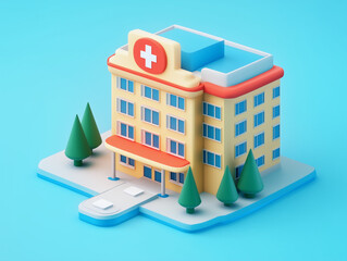 3D hospital building with red cross
