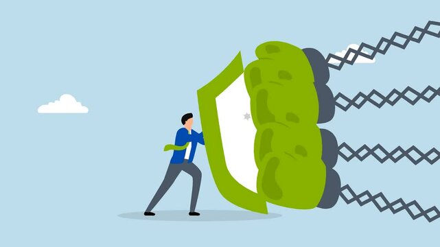 Business threat, 4k animation of Businessman wields shield to battle several attackers blows. 