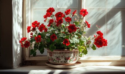 A potted plant with red flowers sits on a window sill