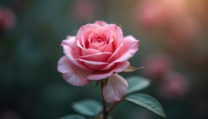 Beautiful, fragrant pink Rosa Damascena rose in garden. Blooming flower with delicate petals. Ideal for beauty, skincare, perfumery, aromatherapy, spa projects. Summer botanical floral background.