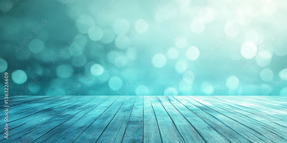 Poster bokeh background in turquoise with wooden floor creating a serene atmosphere for artistic presentati