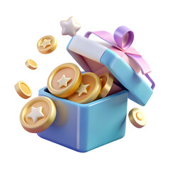3D Loyalty program concept. Open gift box with coin. Win in game or casino. Surprise point. Special offer for Birthday. Cartoon creative design icon isolated on white background. 3D Rendering