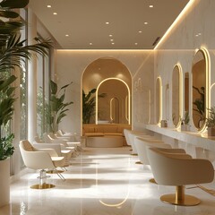A luxurious modern beauty salon with soft pastel tones, elegant marble countertops, and golden accents. Large mirrors with glowing LED lights, stylish salon chairs
