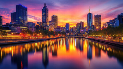 Fototapeta premium A Vibrant Cityscape Glowing at Sunset