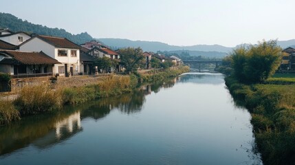 A slow-moving river passing through a peaceful countryside town --ar 16:9 --v 6.1 Job ID: 2036f361-68bb-48a6-99e7-3007cd6abffa