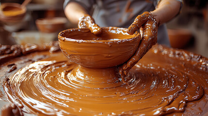 Creating a rustic bowl from clay on a pottery wheel in an artisan workshop during the afternoon