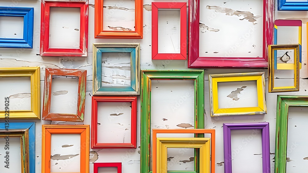 Poster a vibrant art gallery featuring a collection of empty colorful frames in various shapes and sizes ag