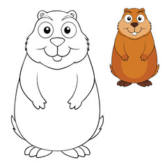 A fun groundhog coloring page featuring a cute groundhog peeking from its burrow, surrounded by grass, flowers, and a bright sun—perfect for kids to color!