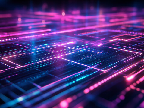 A neon circuitry surface with parallel glowing magenta and cyan lines forming a futuristic digital grid