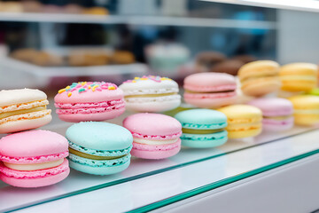 Fototapeta premium medium shot of a clean and modern bakery display case with several colorfu
