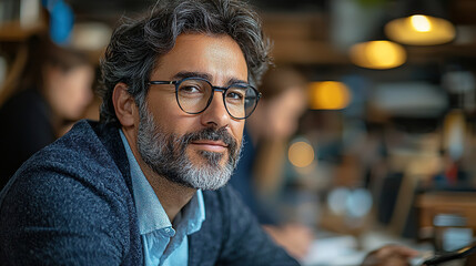 Professional man with glasses smiles confidently in a modern workspace during day hours