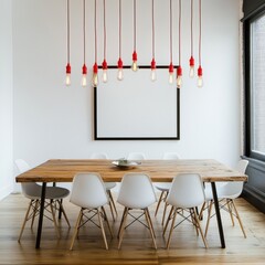 Modern dining room with red pendant lights, wooden table, and white chairs. (1)