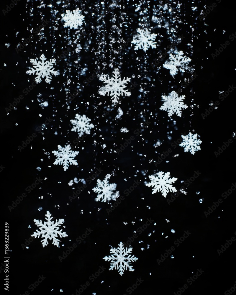 Poster sparkling snowflakes falling against a dark background creating a magical winter scene with a festiv