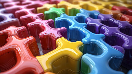 Obraz premium Colorful interlocking puzzle pieces arranged in a vibrant rainbow pattern on a surface reflecting light
