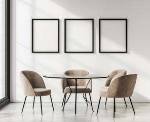 Modern dining room with round glass table, beige chairs, and three empty frames.