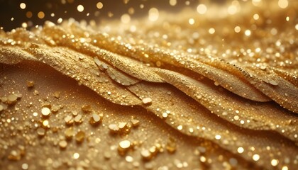 A high-angle, close-up shot captures a cascade of golden glitter, creating a luxurious and festive atmosphere