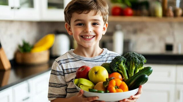 little cute smiling boy holding bowl with fruits and vegetables in kitchen, child, kid, healthy eating, bananas, apples, broccoli, food, vegetarianism