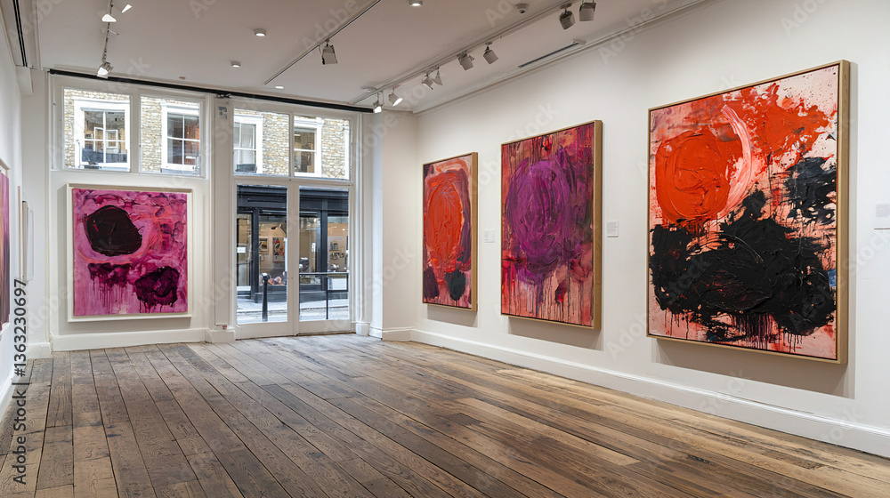 Poster art gallery showcasing vibrant abstract paintings with bold colors and unique textures on display du