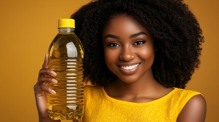 Woman holds bottle of oil. Happy, with afro, and yellow top, in front of a gold background
