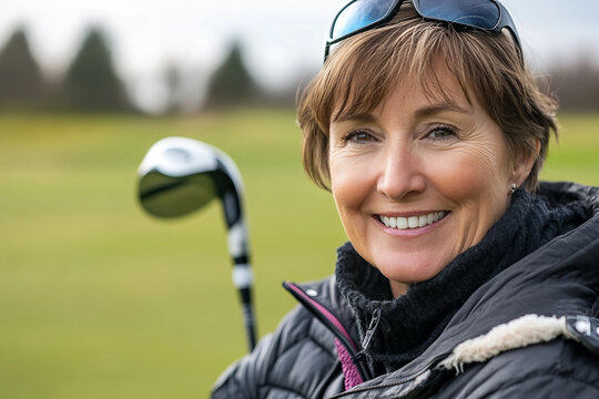 Mature woman enjoying an active spring vacation playing golf on a sunny day generative AI - Powered by Adobe