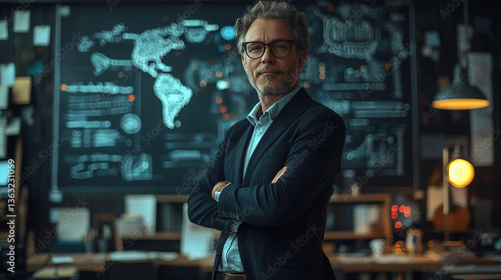 Aufkleber professional man stands confidently in a modern office with a world map and data analysis on display