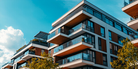 Contemporary apartment buildings with balconies, modern residential architecture with blue sky, Strategies for marketing and branding real estate developments.

