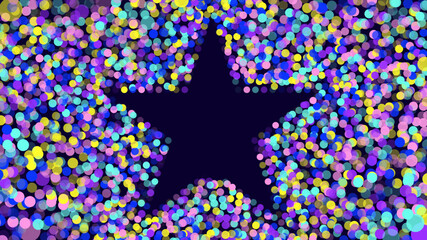 Obraz premium Vibrant star shaped frame surrounded by colorful confetti on dark background. The abstract design creates a festive and dynamic atmosphere.