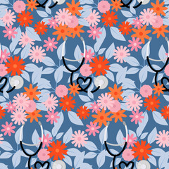 Seamless pattern of simple flowers and leaves with stethoscope for National Nurses Day
