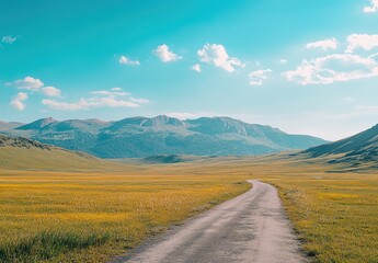 A winding path through lush green meadow, distant rolling mountains under clear sky with scattered white clouds.