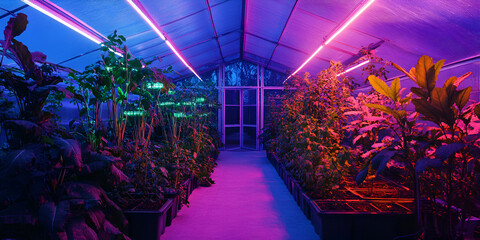 Futuristic greenhouse with vibrant LED lighting, modern hydroponic indoor farming with neon lights, vibrant greenhouse illuminated by purple and pink neon lights

